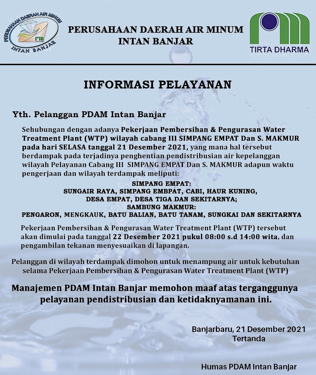 Informasi Pelayanan PDAM Intan Banjar