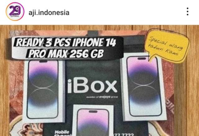 Akun Instagram AJI Indonesia yaitu @aji.indonesia telah diretas orang tidak dikenal sekitar pukul 11.00 WIB. Pelaku mengunggah sejumlah iklan gadget melalui akun IG tersebut. (Foto: Screenshot Instagram AJI Indonesia/Katajari.com)