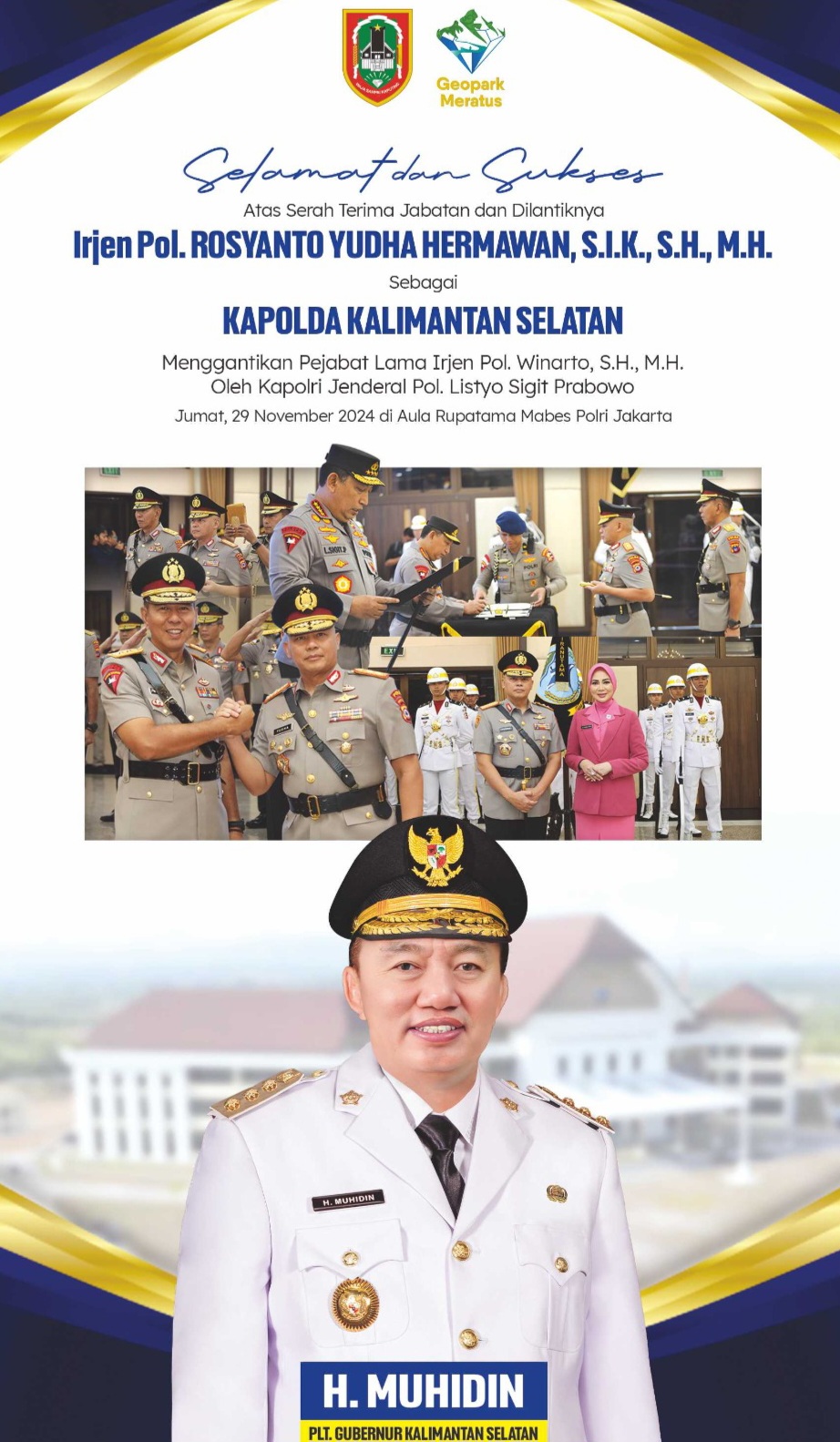 Plt Gubernur Kalimantan Selatan H Muhidin Selamat & Sukses Atas Dilantiknya Irjen Pol Rosyanto Yudha Sebagai Kapolda Kalsel